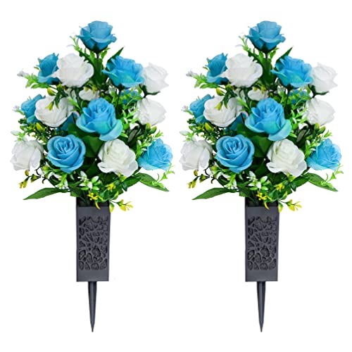 LVXINLI 2 Sets Artificial Cemetery Flowers,Memorial Flowers,Beautiful Arrangements for Headstones,Black Plastic vase with Drainage Hole Long Spikes Outdoor Memorials (Blue and White)… - color: Blue and White