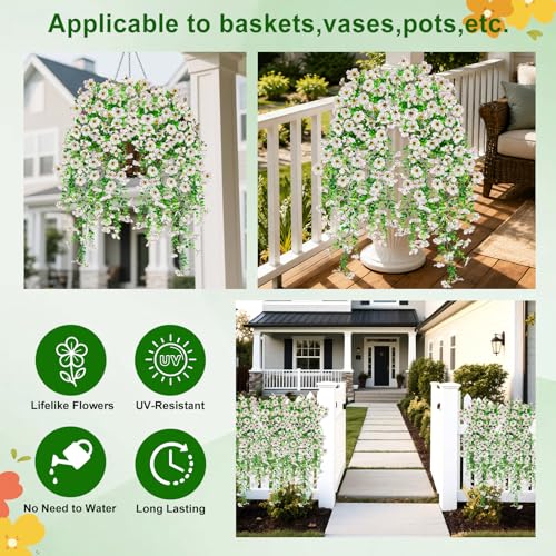 Artificial Hanging Flowers for Outdoors Decorations 2 Pack, Fake Hanging Flowers, UV Resistant Artificial Hanging Plants Outdoors for Home Porch Patio Balcony Baskets Yard(White) - color: White
