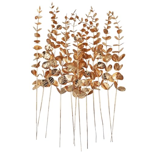 Eucalyptus Stems 12 PCS Artificial Leaves Home Office House Table Decor Wedding Bouquet Ceremony Party Flower Decoration Vase Forever Live Never Fade - color: Golden