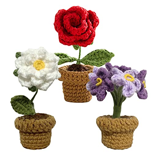 JOONOR 3PCS Mini Crochet Rose Potted Plant,Knitted Fake gardenias Lavender for Bathroom Home Kitchen Rustic Table Centerpiece Shelf Decor - color: Color#2