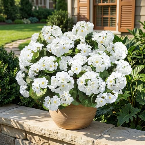 Fake Geraniums Artificial Flowers for Outdoors Outside, 6 Bundles White Silk Geraniums Fake Flowers Plants Realistic UV Resistant Faux Flowers for Outdoor Planters Garden Balcony Yard Porch Indoor - color: White