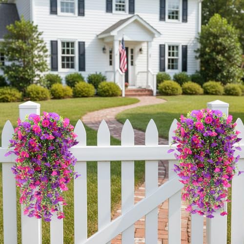 CEWOR 4pcs Artificial Hanging Plants for Outdoor, Fake Flowers Faux Silk Morning Glory with Eucalyptus, UV Resistant Realistic Faux Flower Greenery for Outside Indoor Home Porch Patio Decor, Purple - color: Purple Morning Glory