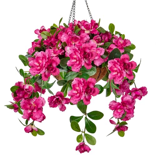 Briful Fake Hanging Flowers with Basket, Hot Pink Artificial Azalea Hanging Silk Basket Flowers Outdoor Faux Flowers for Home Garden Patio Porch Balcony Yard Decor - color: Hot Pink, size: Large