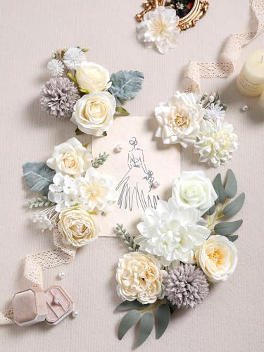White Artificial Flowers Combo Box Set Fake Flowers Bulk Flower Leaf with Stems for DIY Wedding Bouquets Centerpieces Baby Shower Party Home Decorations - color: White & Sage