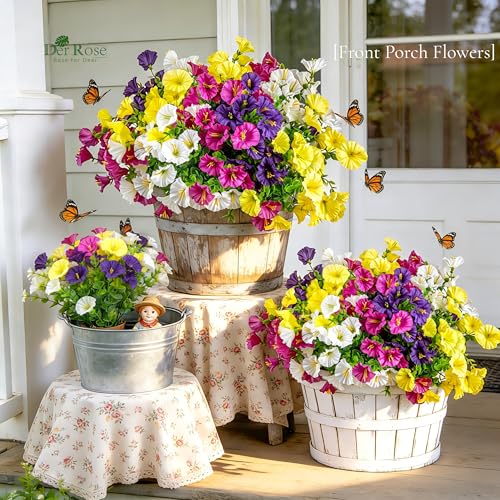 Der Rose 12 Bundles Artificial Petunias Flowers for Outdoors UV Resistant Fake Morning Glory Realistic Petunias Flowers with Trumpet Blooms for Window Box Planter Filler Porch Patio Fence Decor - color: Multi-color D