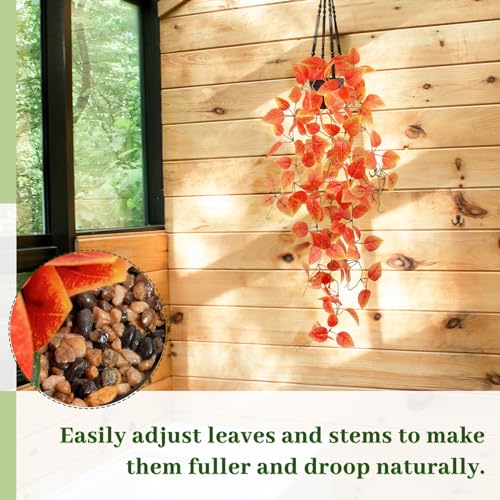Fake Fall Plants Hanging Faux Orange Vines Artificial Potted Pothos Plant- Fall Decorations Autumn Decor for Thanksgiving Bathroom Wall Kitchen Room Decor Indoor and Outdoor (Black Pot) - color: Fall Pothos