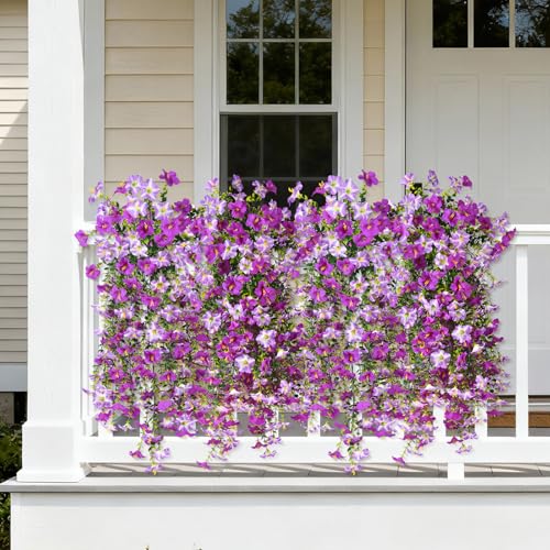 Artificial Fake Flowers Plants for Outdoor Spring Summer Decoration,2 PCS Faux Silk Morning Glory with Eucalyptus Leaves,UV Resistant Realistic Outdoor Flowers for Balcony Porch Patio Yard Garden - color: Orchid Deep Orchid