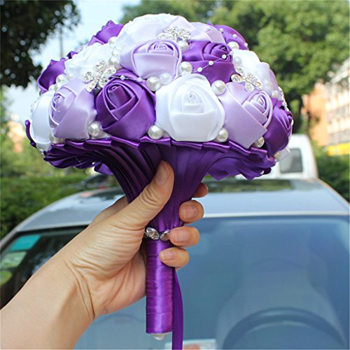 S_SSOY Wedding Bouquet Bride Bridal Brooch Bouquets Bridesmaid Bouquet Diamond Pearl Ribbon Valentine's Day Confession Party Church with Free Corsage Flower, Purple+Lilac+White - color: Purple+lilac+white
