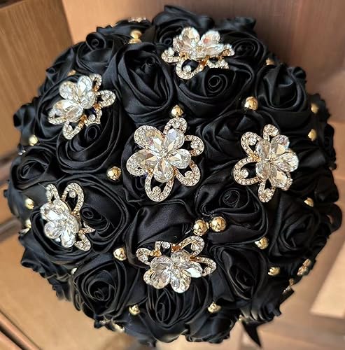 Sharebeauty 7.1" Handmade Satin Rose Bridal Bouquet Toss Round Wedding Bouquet Throw Toss Artificial Flower Bunch Black - color: 809a Black, size: 7.1"/18cm