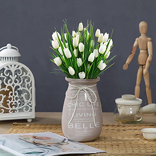 8 Bundles Outdoor Artificial Tulips Fake Flowers UV Resistant Faux Plastic Greenery Shrubs Plants for Home Outside Garden Porch Window Farmhouse Decor (White) - color: White