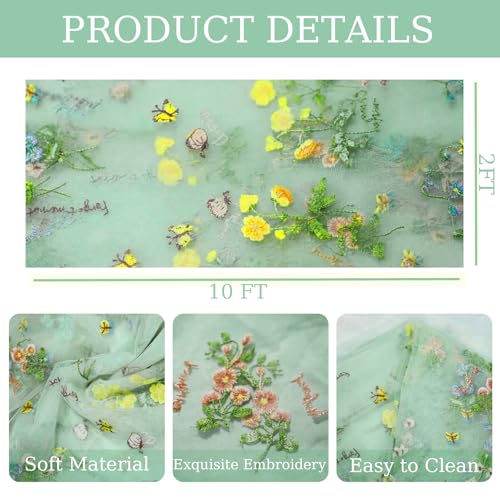 Sage Green Floral Table Runner 10ft Embroidery Tulle Spring Wildflower Table Runner Seasonal Summer Butterfly Kitchen Dining Gauze Decoration for Baby Shower Wedding Party Birthday (1 Pcs) - color: Green