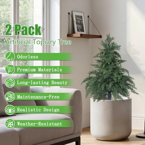 Yangrass 2 Pack 24" Cypress Topiary Trees Artificial Outdoor with Ground Spike, UV Resistant Fake Shrubs Bushes Faux Cedar Pines Trees, Real Touch Faux Evergreen Plants for Home Front Porch Garden - color: Cypress