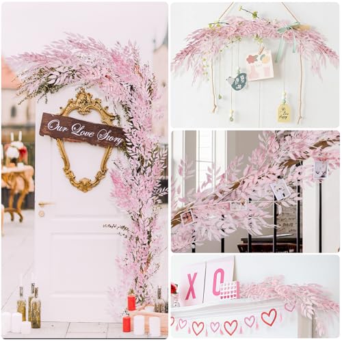 RECUTMS Artificial Willow Leaves Vine Hanging Pink Leave Garland 6.5ft | Fake Silk Leaf, Faux Twig Rattan Wreath, For Home Wedding Birthday Party Decor, Christmas & Anniversary, Indoor Outdoor - color: Pink