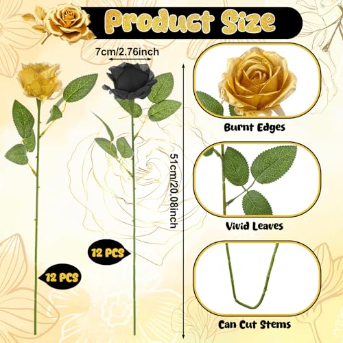 24 Pcs Black,Glod Rose Artificial Flowers with Long Stem Real Touch Silk Roses Bulk for Wedding, Party, Table Centerpieces Bouquet, Bridal, Home Decor - color: Glod,black