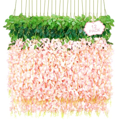 12Pcs Artificial Wisteria Hanging Flowers, 3.6Ft/Pcs Pink Fake Wisteria Garland for Wedding Party Home Garden Indoor Outdoor Decoration - color: Pink, size: 12Pcs