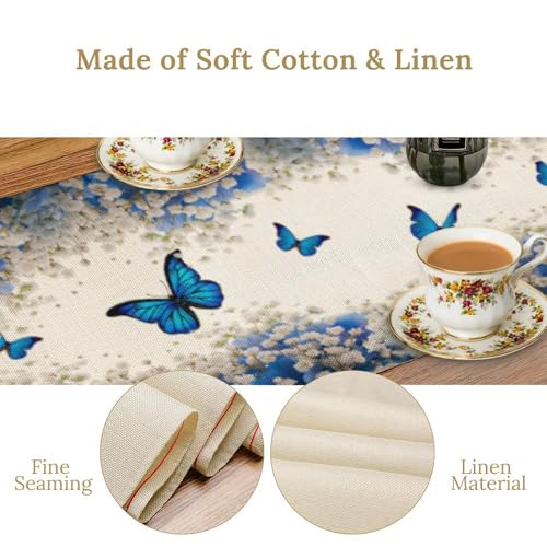 Butterfly Table Runner,Spring Seasonal Garden Theme Blue Flowers Butterflies Table Runner for Home Indoor Outdoor Kitchen Holiday Party Wedding Decor 13x36 Inch - color: Butterfly-2, size: 13x36in