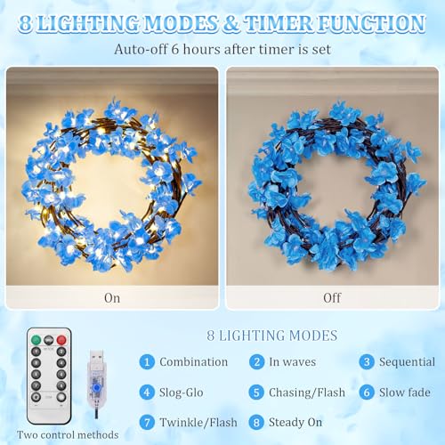 Blue Cherry Enchanted Willow Vine Lights,4FT 48 LED Cherry Blossom Lights with Remote Timer,8 Lighting Modes,LED Tree Branch Light for Wall,Cherry Blossom Wall Decor for Bedroom Living Room Windows - color: 48 LED Blue cherry blossom