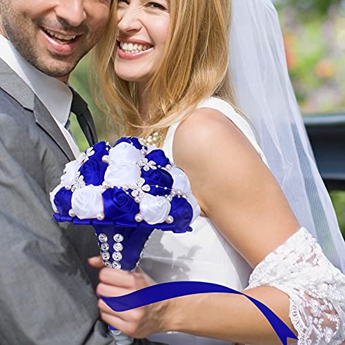 7Inch Handmade Wedding Flowers Bridal Bouquets Crystal Bride Holding Bouquet White Ivory Satin Roses with Diamond Pearl Ribbon.(bluewhite) - color: Bluewhite