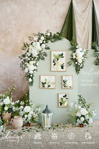 Ling's moment 17.5" Tall Free Standing Artificial Flowers Arrangements 4 pcs Fall Wedding Aisle Runner Chair Decorations Lily of The Valley Ceremony Reception Rose Floral Party Outdoor Centerpieces - color: Wht-lily White & Olive