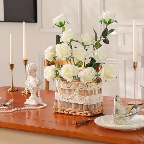 Nubry Artificial Silk Rose Flower Bouquet Lifelike White Fake Rose for Wedding Home Party Decoration Event Gift 10pcs (Off White) - color: Off White