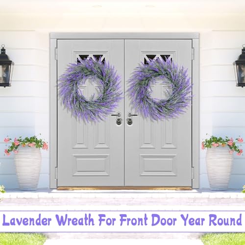 HUZIYAHAN Spring Summer Lavender Door Wreath 24Inch Front Door Wreath All Seasons Wreaths Purple Artificial Lavender Wreaths for Outdoor Outside Indoor Window Home Rustic Farmhouse Decorations - size: 24 inches