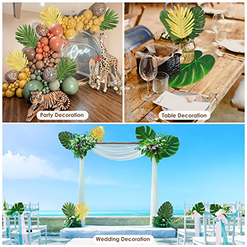QUANQIUFEI 100 Pcs 8 Kinds Artificial Palm Leaves Tropical Fake Leaves, Monstera Leaf Gold and Green Faux Leaves for Safari Jungle Hawaiian Dinosaur Luau Party Table Decoration
