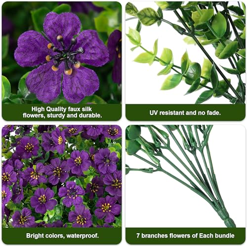 HyeFlora Artificial Flowers for Outdoor Indoor Garden Home Decoration, Faux Flower Daisy with Eucalyptus Leaves Fake Plants Greenery Boxwood Porch Patio, 12 Bundles (Purple 2) - color: Purple 2
