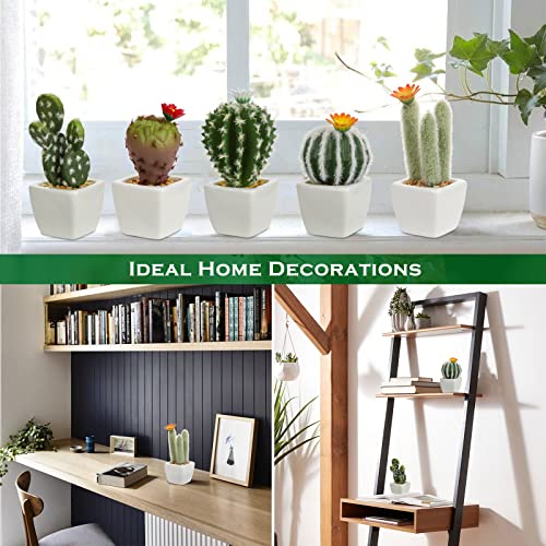 Oairse Mini Artificial Cactus Plants in Ceramic Pots 6 Pcs Potted Faux Succulents in Pots Fake Potted Plants Cactus Decor Small Artificial Plant for Home Decor Indoor Office Desk Tabletop Shelf - color: White