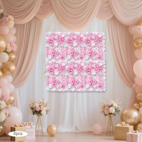 12 Pcs Artificial Flower Wall Panels Silk Dahlia Rose 3D Faux Flower Backdrop Panels Background Decorative for Wedding Celebrations Festive Party Home, 23.62 * 15.74in (Pink-8) - color: Pink-8