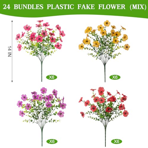 ADXORA 24 Bundles Artificial Flowers,Faux Plants for Spring Summer Decoration, UV Resistant Colorful Violets Eucalyptus for Outside Home Planter Porch Patio Yard Decor - color: Purple,red,yellow,hot Pink