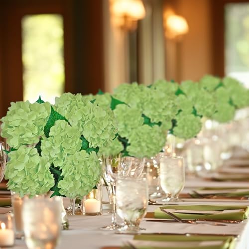 6PCS Green Hydrangea Artificial Flowers arrangments, Bulk Silk Fake Flower with Stems, Faux Hydrangeas Bouquets for Home Décor, Wedding, Party, and Office Table Centerpieces. - color: Green