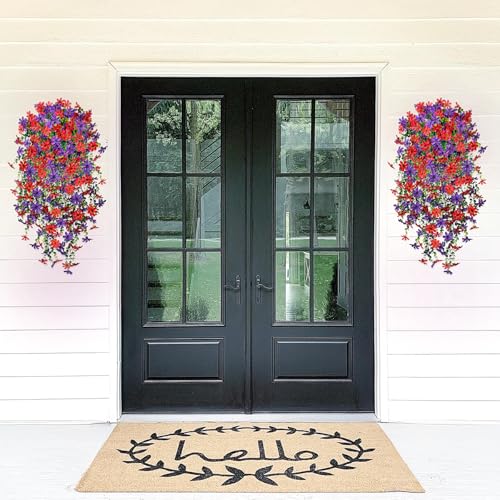 Hrobek 2 PCS Artificial Hanging Flowers Outdoor Spring Summer Decoration, Fake Hanging Vine Plants UV Resistant, Faux Daisy Flower Eucalyptus for Outside Home Indoor Porch - color: B-red Dark Purple