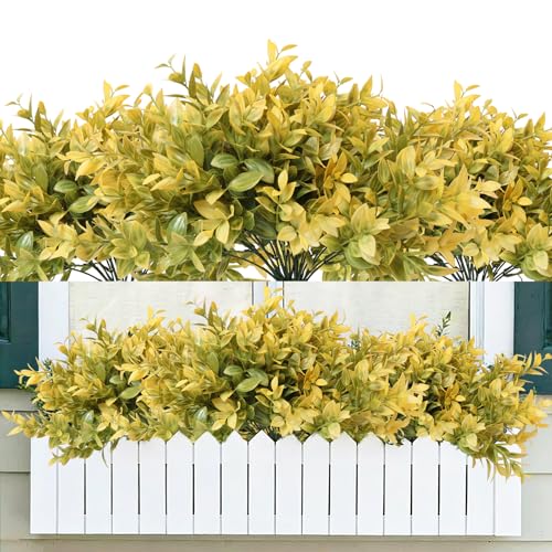 6 Bundles Artificial Greenery Stems, 14.5" Fake Lucky Bamboo Leaves Fall Faux Flowers Plants UV Resistant Plastic Shrubs for Garden Patio Porch Farmhouse Pathway Thanksgiving Outdoor Indoor Decoration - color: Yellow
