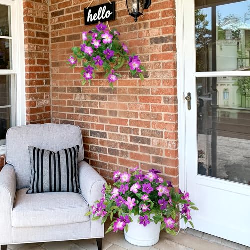 INXUGAO Artificial Hanging Faux Flowers for Outdoors Planters 2PCS Fake Flowers Silk Hibiscus Flowers for Outside Outdoor Faux Hanging Plants UV Resistant Spring Home Front Porch Decoration - color: Mt Azalea H-mix Purple 1 & 3
