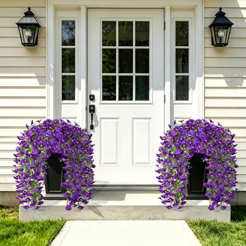 Artificial Hanging Flowers for Outdoor, 4Pcs UV Resistant Faux Morning Glory Flower Spring Summer Decroation, No Fade Fake Flower Trailing Vine for Porch Patio Balcony Yard Garden (Purple) - color: Purple
