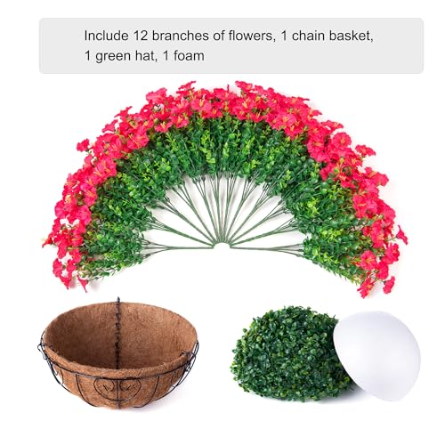 Artificial Fake Hanging Flowers Plants Baskets for Outdoors Spring Summer Decor, Faux Silk Morning Glory in Planter UV Resistant Realistic for Outside Porch Patio Balcony Garden Yard Home, Hotpink - color: Hotpink