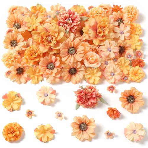 rongflower Small Artificial Flower Heads 2-4 cm, Fall Silk Faux Orange Peony Daisy Rose, for DIY Crafts, Wedding Garland, Graduation Cap, Cake Topper & Home Decoration - color: Fall Orange