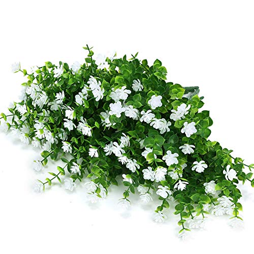 8 Bundles Outdoor Artificial Fake Flowers UV Resistant No Fade Boxwood Faux Plastic Plants for Garden Patio Porch Window Box Home Wedding Farmhouse Décor (White) - color: White