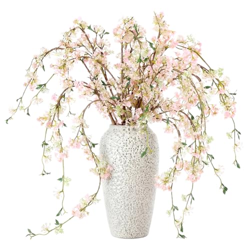 Zeyune 6 Pcs Artificial Cherry Blossom Branches with Green Leaves 40" Summer Evergreen Faux Stem Plastic Plant Stem Picks Sprigs for Tall Vase DIY, Modern Home Table Wedding Indoor Outdoor Decor - color: Pink, size: Blossom Style
