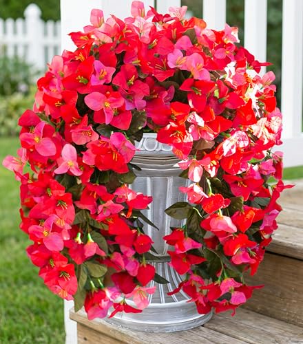 HyeFlora Bougainvillea Artificial Hanging Flowers Plants for Outdoors Decoration, 2pcs Fake Flowers Silk Bougainvillea Vines Realistic UV Resistant Faux Flowers for Outdoor Planters Porch Patio, Mix - color: Hot Pink + Red