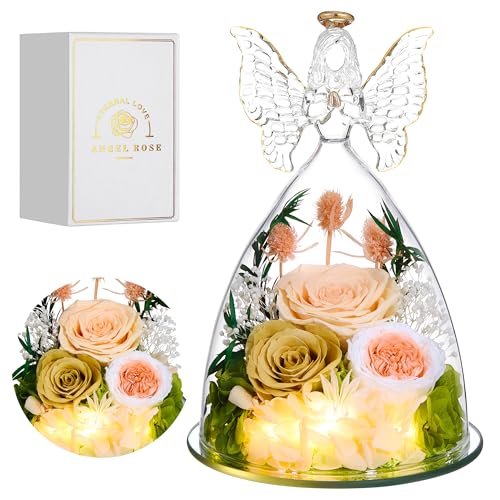 Mothers Day Rose Gifts for Women Preserved Real Flower in Glass Angel Figurines Roses for Delivery Prime Birthday Gifts for Mom Grandma Girlfriend Wife Her, ChampagneGold Austin - color: Champagnegold Austin
