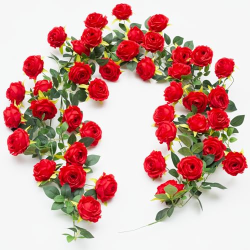 2Pcs 12Ft Bendable Artificial Flower Garland Faux Rose Vine Hanging Floral Garland for Wall Decor Trellis Fence Home Room Garden Wedding Decoration(Red, 2pcs) - color: Red, size: 2pcs