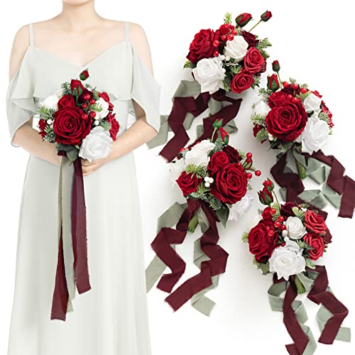 Ling's moment Artificial Bridesmaid Bouquets Set of 4,Red Wedding Flower Bouquets Floral Bouquet Christmas Bridal Bouquets with Ribbon,Ceremony,Anniversary,7-inch Diameter - color: Red-christmas Red