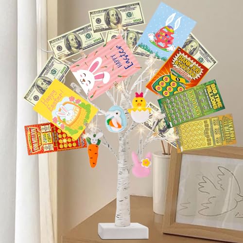 PEIDUO Money Tree, 22 Inch Gift Card Tree Holder with 6 Clips and 6 Greeting Cards, 24 Warm White Birch Tree with Lights, Christmas Tree Card Holder for Birthday Wedding Indoor Xmas Decorations - style: Money tree