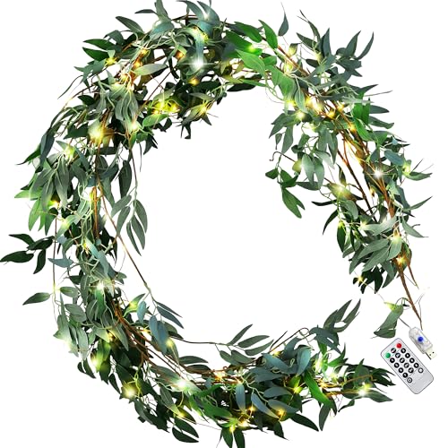 FiveSeasonStuff 2 Mix Greenery Garlands with 33 ft USB String Lights, Bendable Willow & Eucalyptus Vine for Wedding Backdrops, Fireplace Mantels and Party Decor - color: Willow Garlands With String Lights