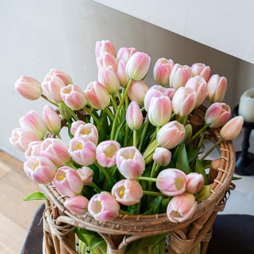 Artificial Tulips Flowers,Soft Touch Latex Bouquet, Fake Tulips,Spring Wedding Home Room Table Centerpiece Decor - color: 40pcs Peach Pink Set(no Vase)