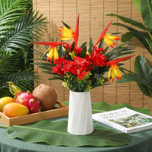 Hotop 4 Set/ 16 Pcs Artificial Tropical Flower Bouquets Bulk for Hawaii Centerpieces Bird of Paradise Lily Bouquet Permanent Flower Tropical Plant Party Office Home Decor (Bright Red) - color: Bright Red
