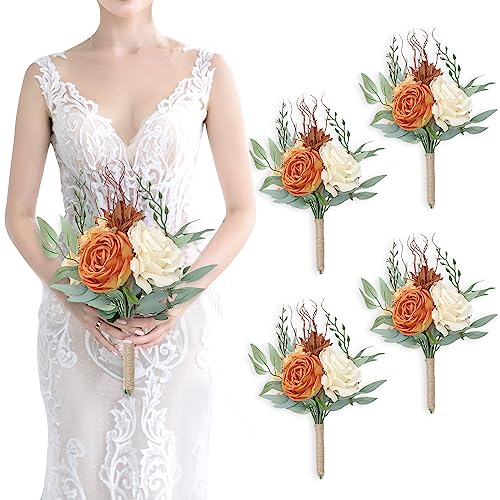 Bridesmaid Bouquets for Wedding - Set of 4 Artificial Flowers Small Bouquet for Fall Marriage Proposal Party Ceremony Anniversary Dining Table Centerpieces - Burnt Orange, 7 Inch - color: Orange, size: 4pcs Bouquets
