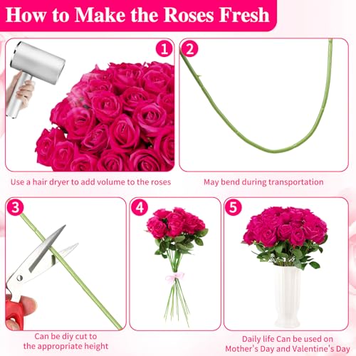 150 Pcs Roses Artificial Flowers, Silk Hot Pink Artificial Flowers Petals Long Stem Roses for Wedding Bouquet Home Party Decor - color: Hot Pink