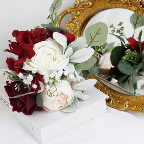 Artificial Bridesmaid Bouquet for Wedding - Burgundy White Single Wedding Bouquet for Bridesmaid, 7 Inch Bridal Bouquets for Bridesmaids Bridal Shower Vintage Wedding Ceremony, Anniversary - color: Burgundy & White, size: 1pcs Bouquets